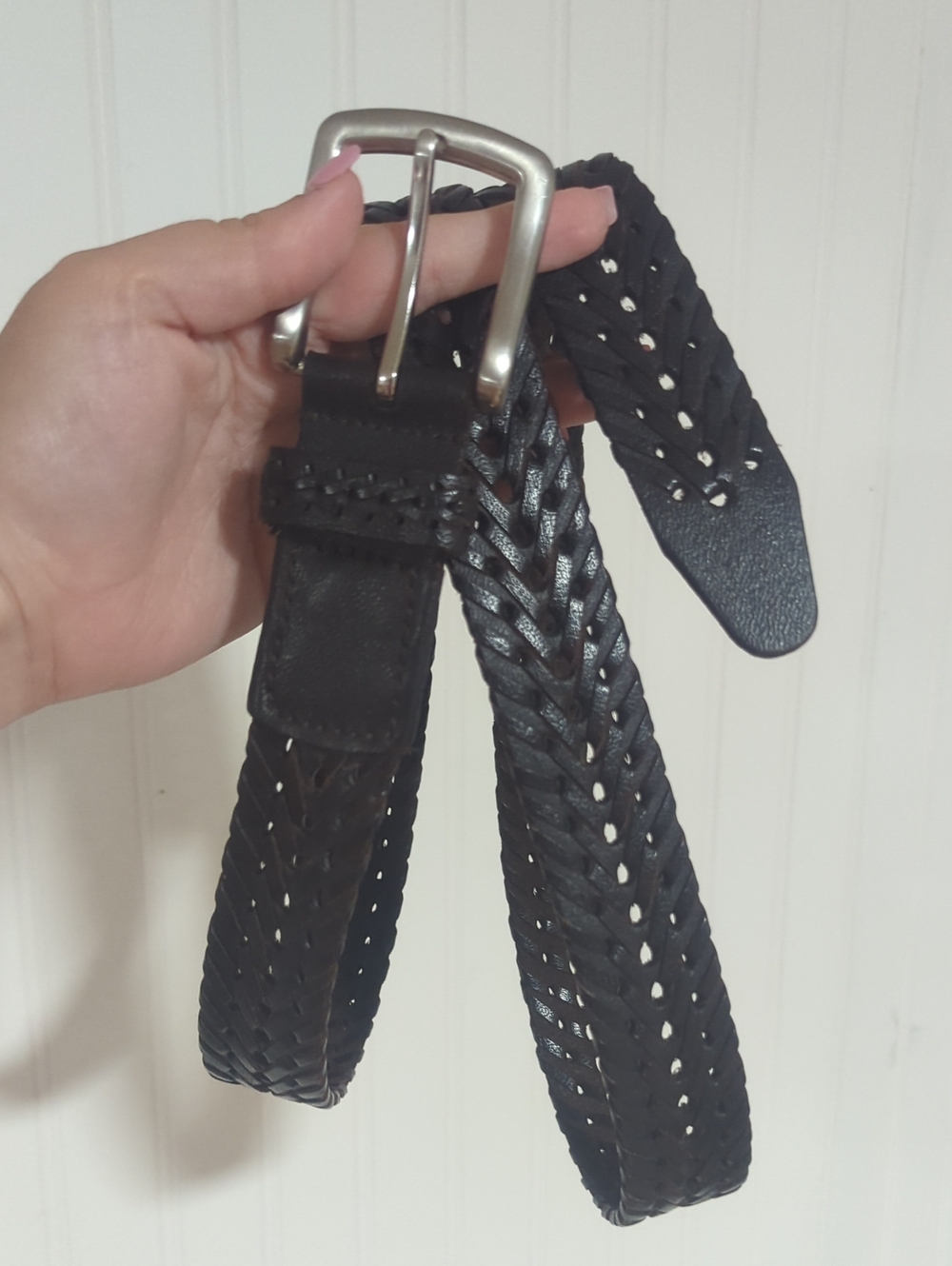 Men's Black Braided Leather Belt with Silver Buckle India 50